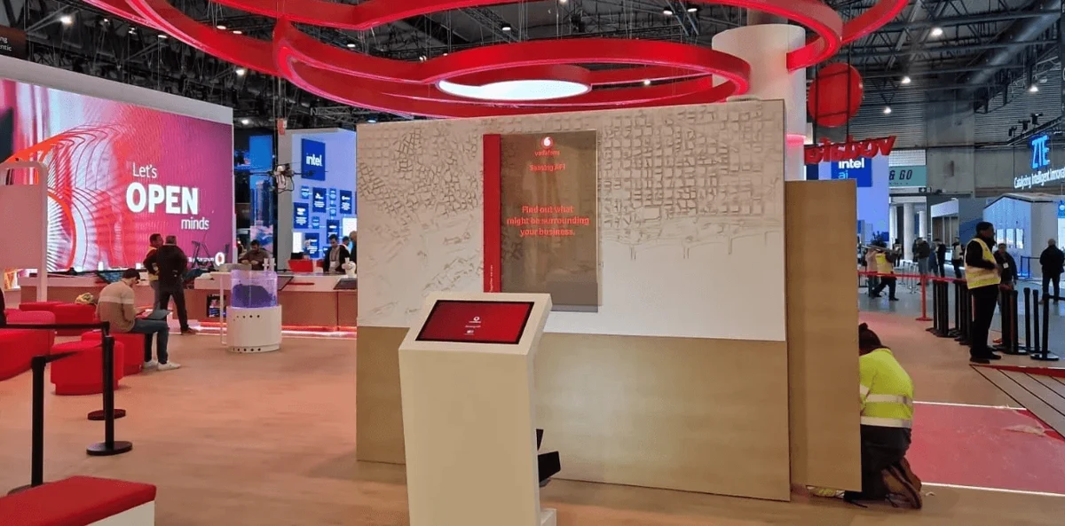 Vodafone's red and white exhibition installation at Mobile World Congress